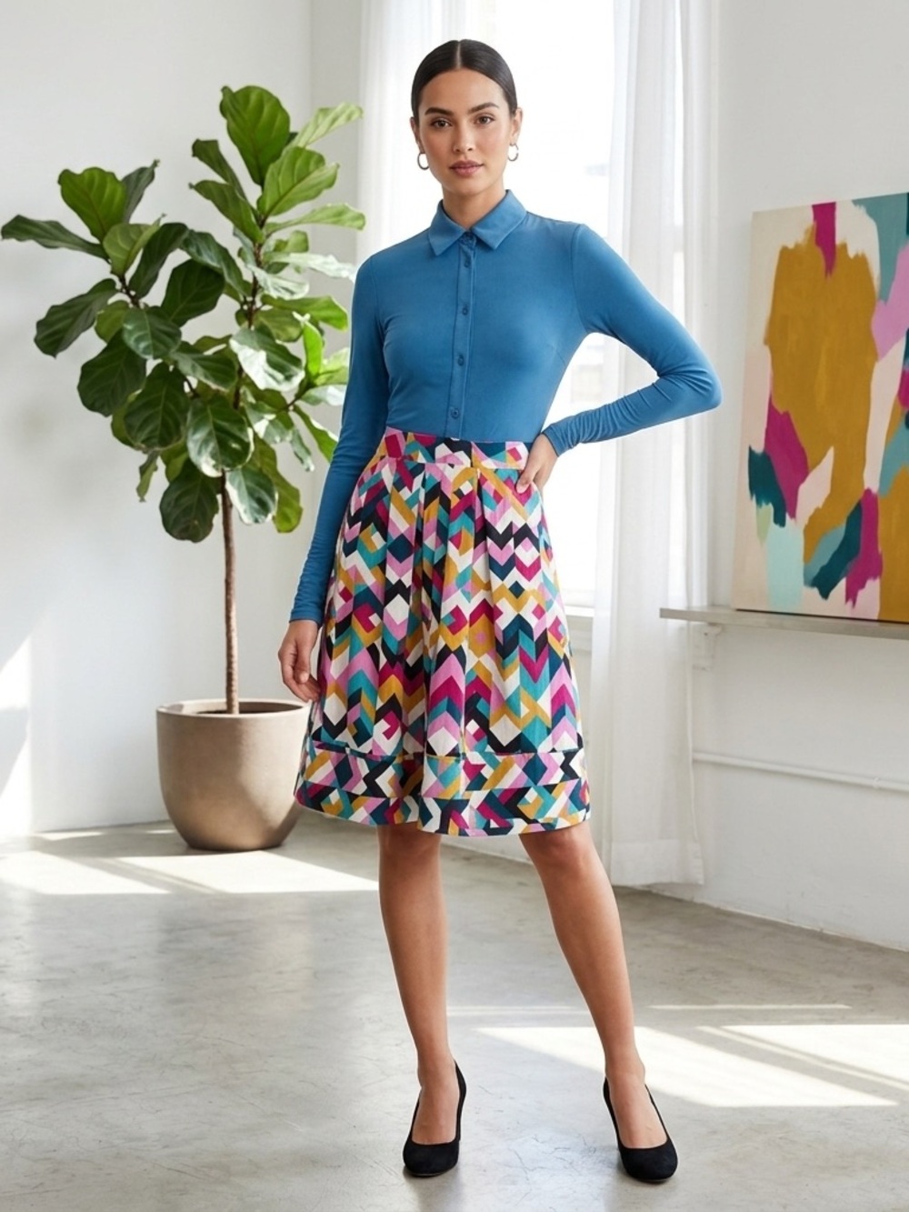 FIORUCCI Ittierre Vintage Dress Sz 26/40 S/M Sheer Long Sleeve Geometric Chevron